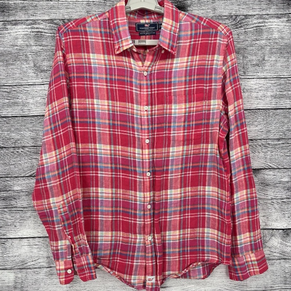 Vineyard Vines Slim Fit Linen Murray Shirt Plaid Medium EUC - Picture 2 of 4